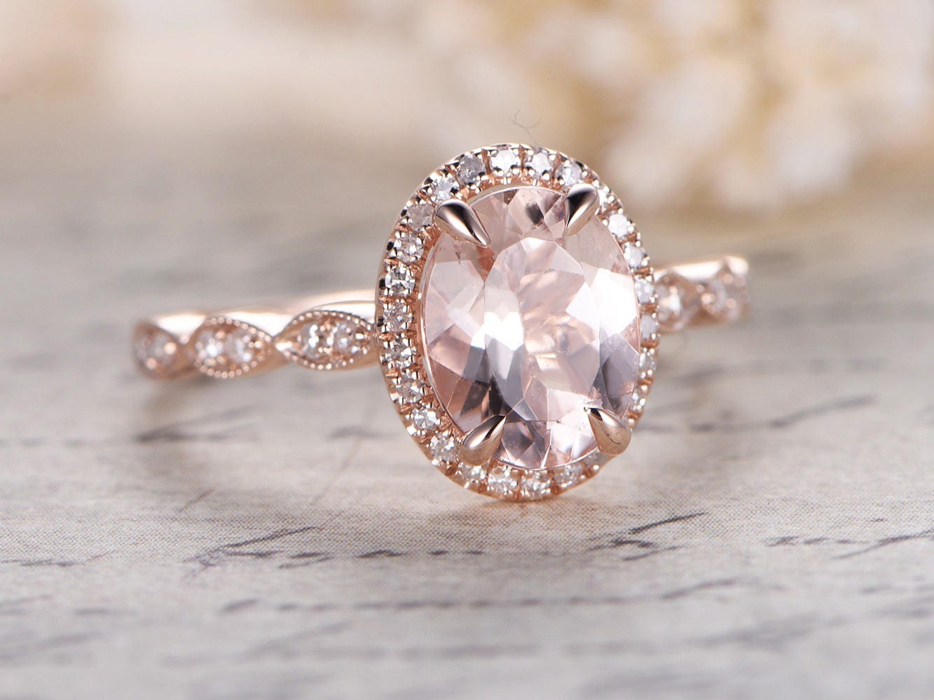 Bague en or rose 14 carats sertie de diamants pavés, alliance, bague de promesse, bague de fiançailles, morganite rose, diamant taille marquise, bague de fiançailles ovale en morganite 7x9mm
