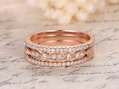 Diamond Wedding Band Set 3pcs 14k Rose Gold | Two Thin Band | One Art Deco Band