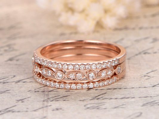Ensemble de 3 bagues demi-alliance, alliance en diamant, or rose 14 carats, style Art déco, bague empilable, alliance d'anniversaire, bague marquise et point, sertie clos