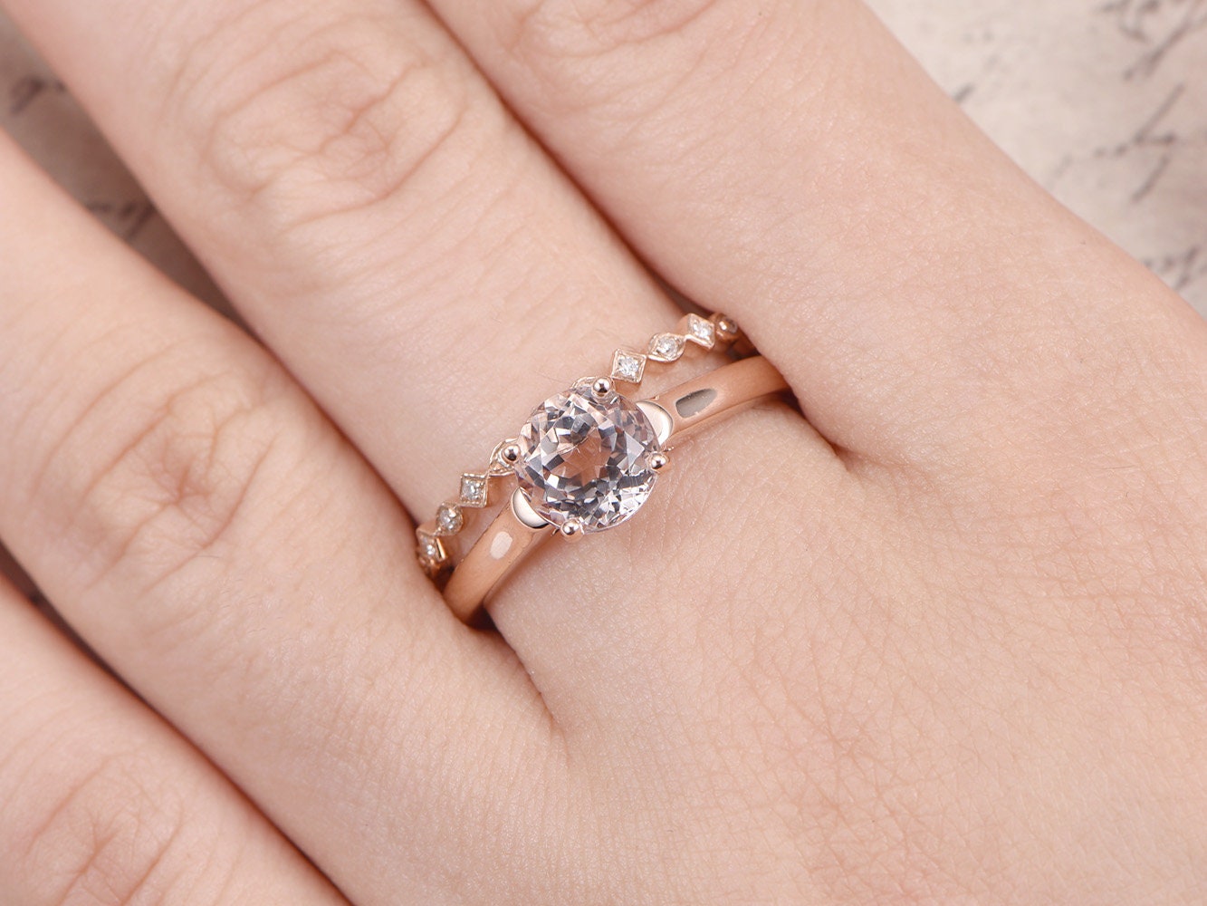 7mm-round-cut-morganite-engagement-ring-set-2pcs-14k-rose-gold-solitaire-design-diamond-art-deco-full-eternity-matching-band