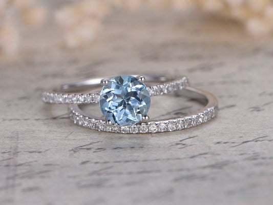 Ensemble de bagues de mariage en aigue-marine, bague de fiançailles en aigue-marine taille ronde 6,5 mm, bague pavée de diamants, demi-alliance en or blanc 14 carats, ensemble de mariage