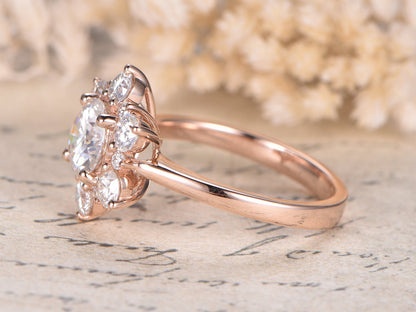6.5mm-round-cut-moissanite-engagement-ring-14k-rose-gold-art-deco-ring-moissanite-halo-plain-band