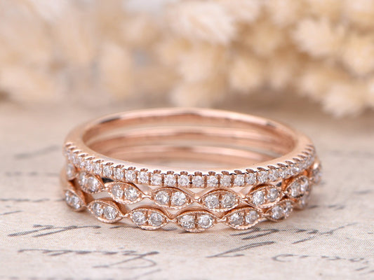 Alliance en diamant, demi-alliance sertie clos, bague de fiançailles, ensemble de 3 bagues de mariage, style Art déco, or rose 14 carats, bague marquise, finition milgrain