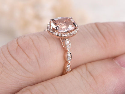 Bague en or rose 14 carats sertie de diamants pavés, alliance, bague de promesse, bague de fiançailles, morganite rose, diamant taille marquise, bague de fiançailles ovale en morganite 7x9mm