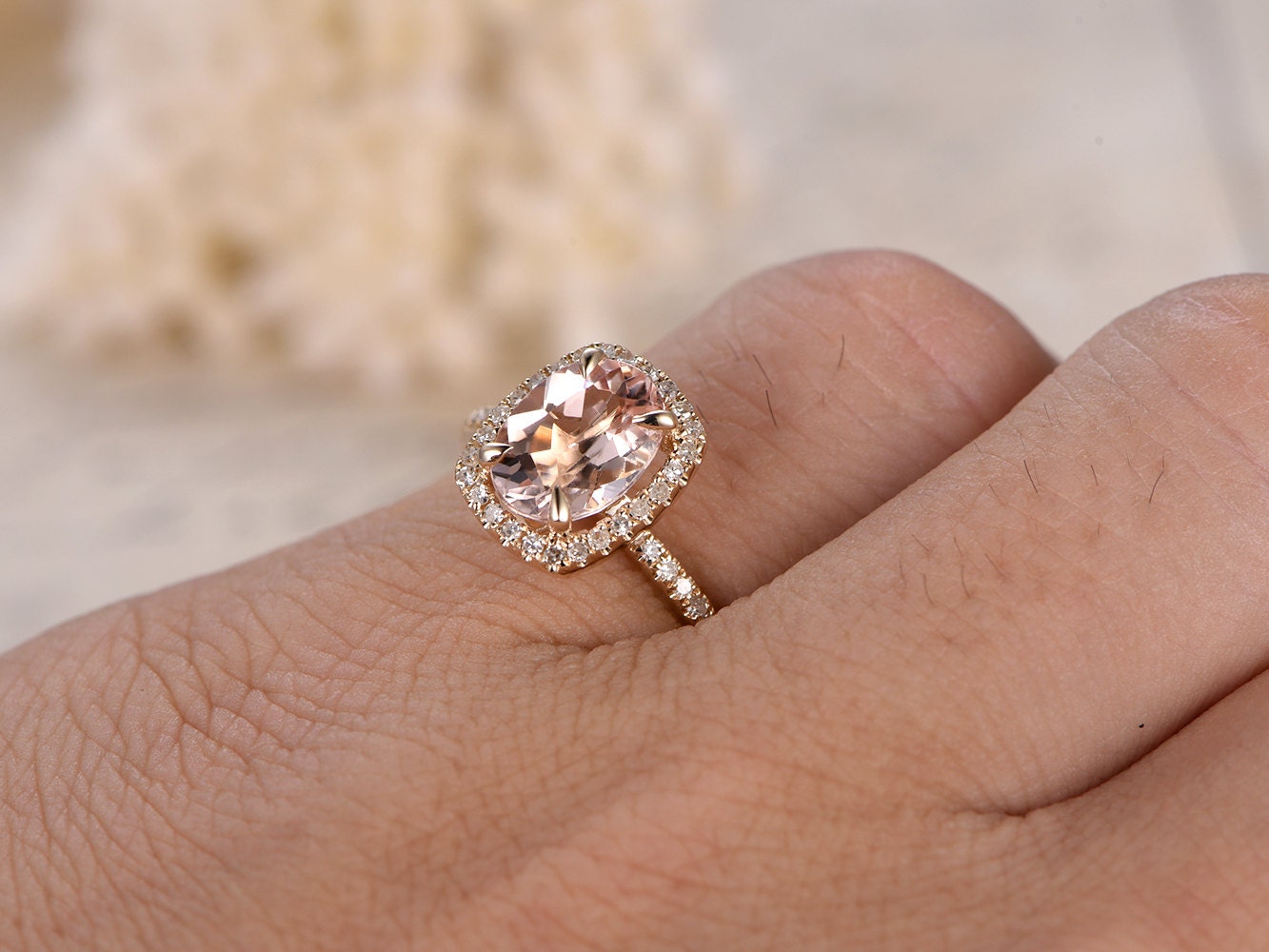 Bague de fiançailles en or jaune 14 carats avec morganite rose, bague de mariage avec diamants, pierre ovale 6x8mm, halo coussin, anneau pour femme