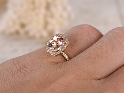 Bague de fiançailles en or jaune 14 carats avec morganite rose, bague de mariage avec diamants, pierre ovale 6x8mm, halo coussin, anneau pour femme