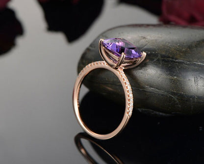 9mm Cushion Cut Amethyst Engagement Ring 14K Rose Gold Diamond Half Eternity