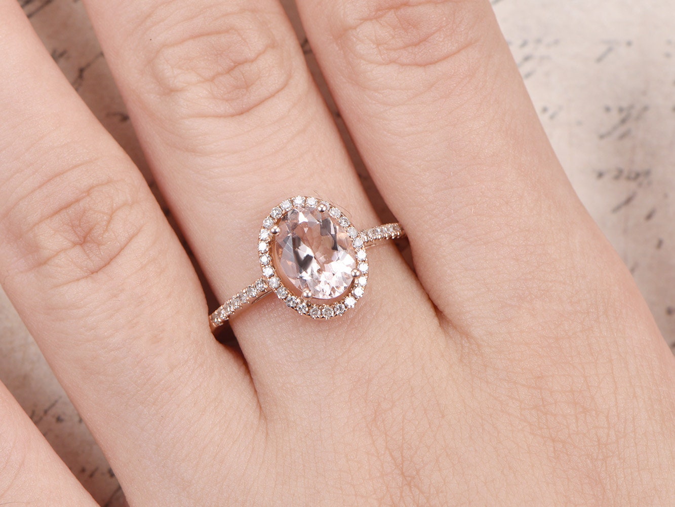 7x9mm Oval Cut Morganite Engagement Ring Vintage 14K Rose Gold Pave Set Diamond Halo