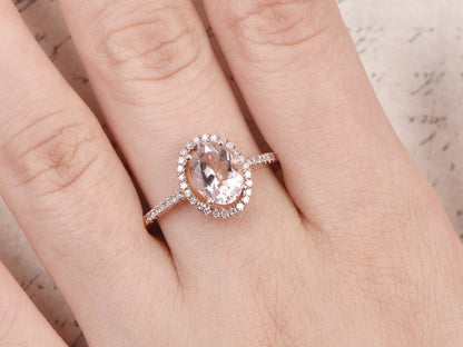 7x9mm Oval Cut Morganite Engagement Ring Vintage 14K Rose Gold Pave Set Diamond Halo