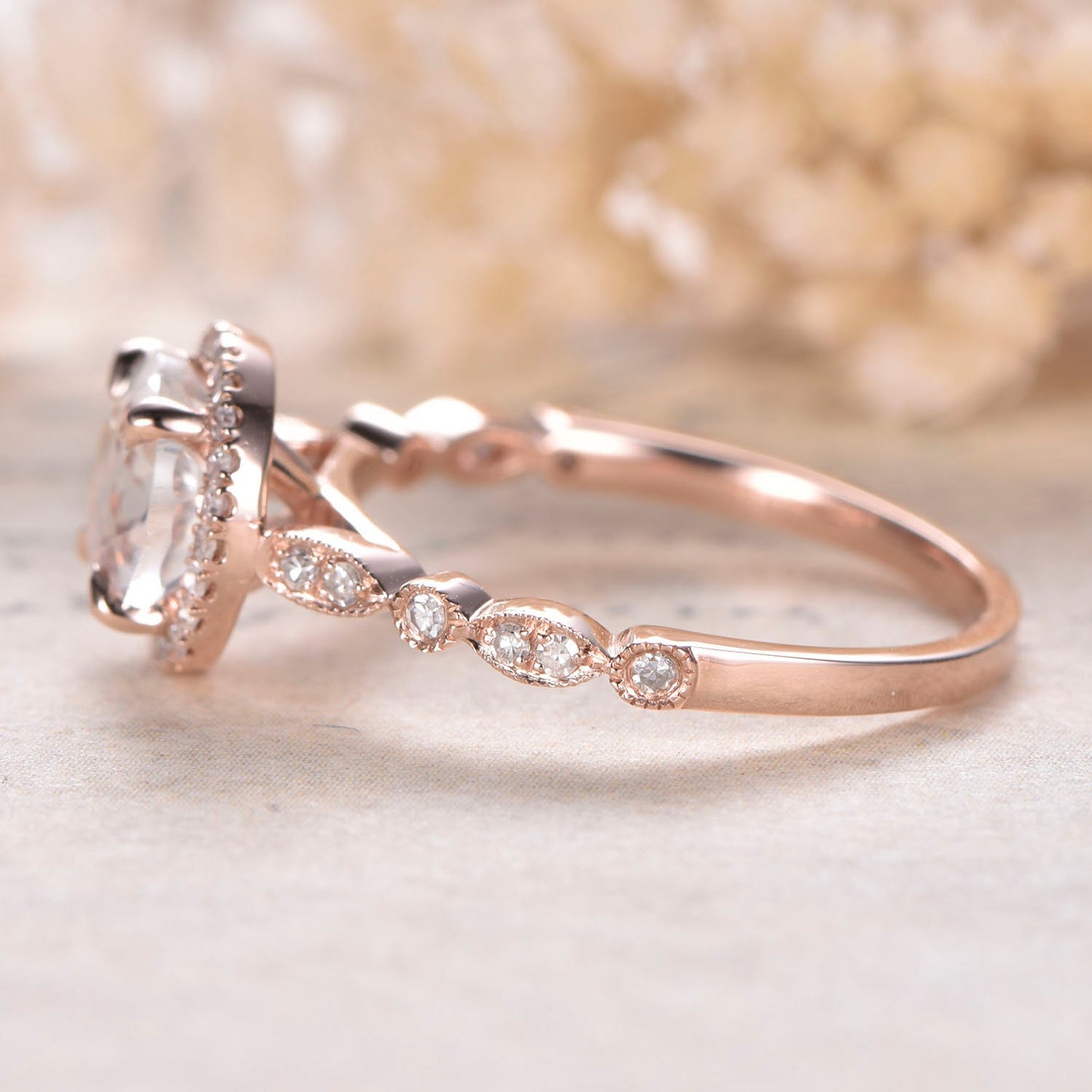 7mm Round Cut Moonstone Engagement Ring 14K Rose Gold Diamond Halo Art Deco Design