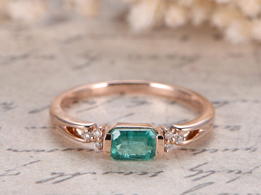 3.5mm-x-5.5mm-emerald-cut-natural-emerald-engagement-ring-14k-rose-gold-plain-band-diamond-accent