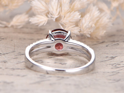 7mm Round Cut Pink Tourmaline Engagement Ring 14K White Gold Diamond Half Eternity