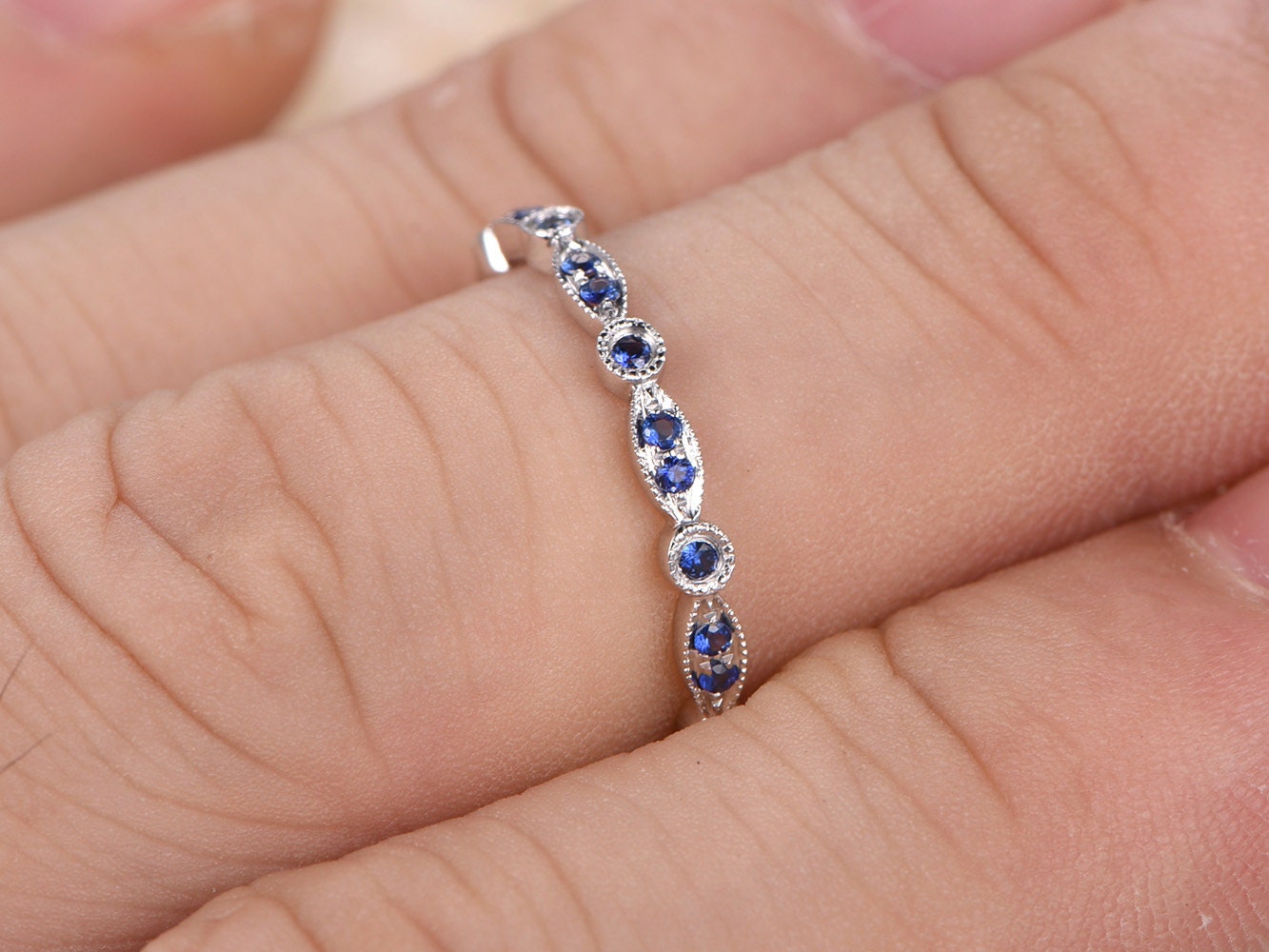 sapphire-wedding-band-art-deco-half-eternity-band-milgrain-band-14k-white-gold