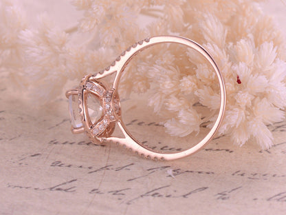 8mm Round Cut White Topaz Engagement Ring 14K Rose Gold Half Eternity Diamond Halo