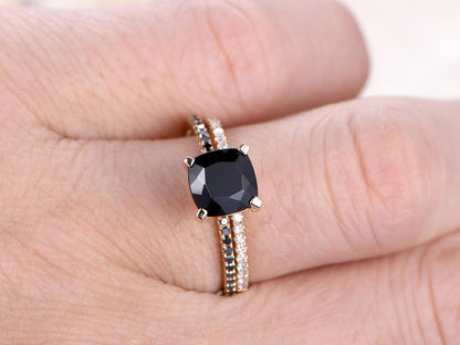 7mm-cushion-cut-black-spinel-engagement-ring-set-2pcs-solid-14k-yellow-gold-black-diamond-band-thin-matching-band