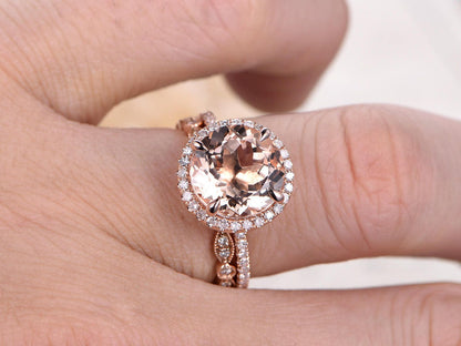 Bague en or rose 14 carats sertie d'une morganite ronde de 8 mm, alliance sertie de diamants et sertie de diamants taille marquise.