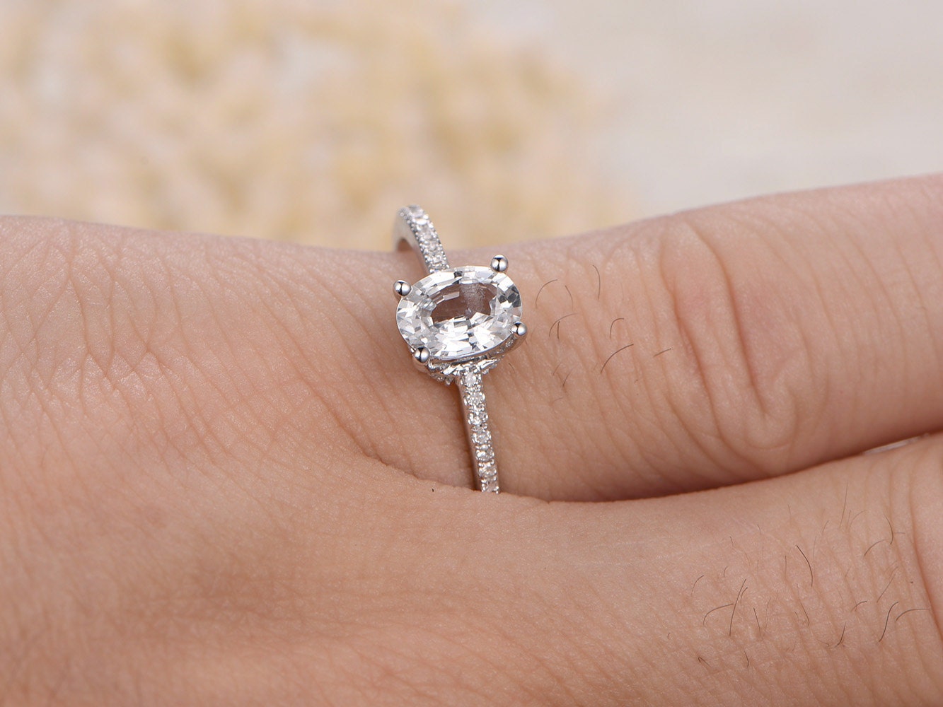 5x7mm Oval Cut White Sapphire Engagement Ring 14K Wthie Gold Diamond Half Eternity