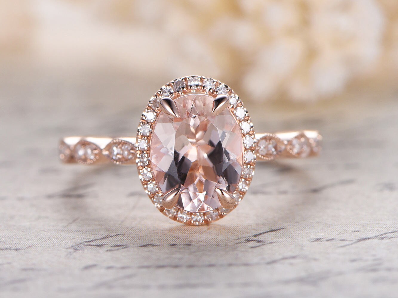 Bague en or rose 14 carats sertie de diamants pavés, alliance, bague de promesse, bague de fiançailles, morganite rose, diamant taille marquise, bague de fiançailles ovale en morganite 7x9mm