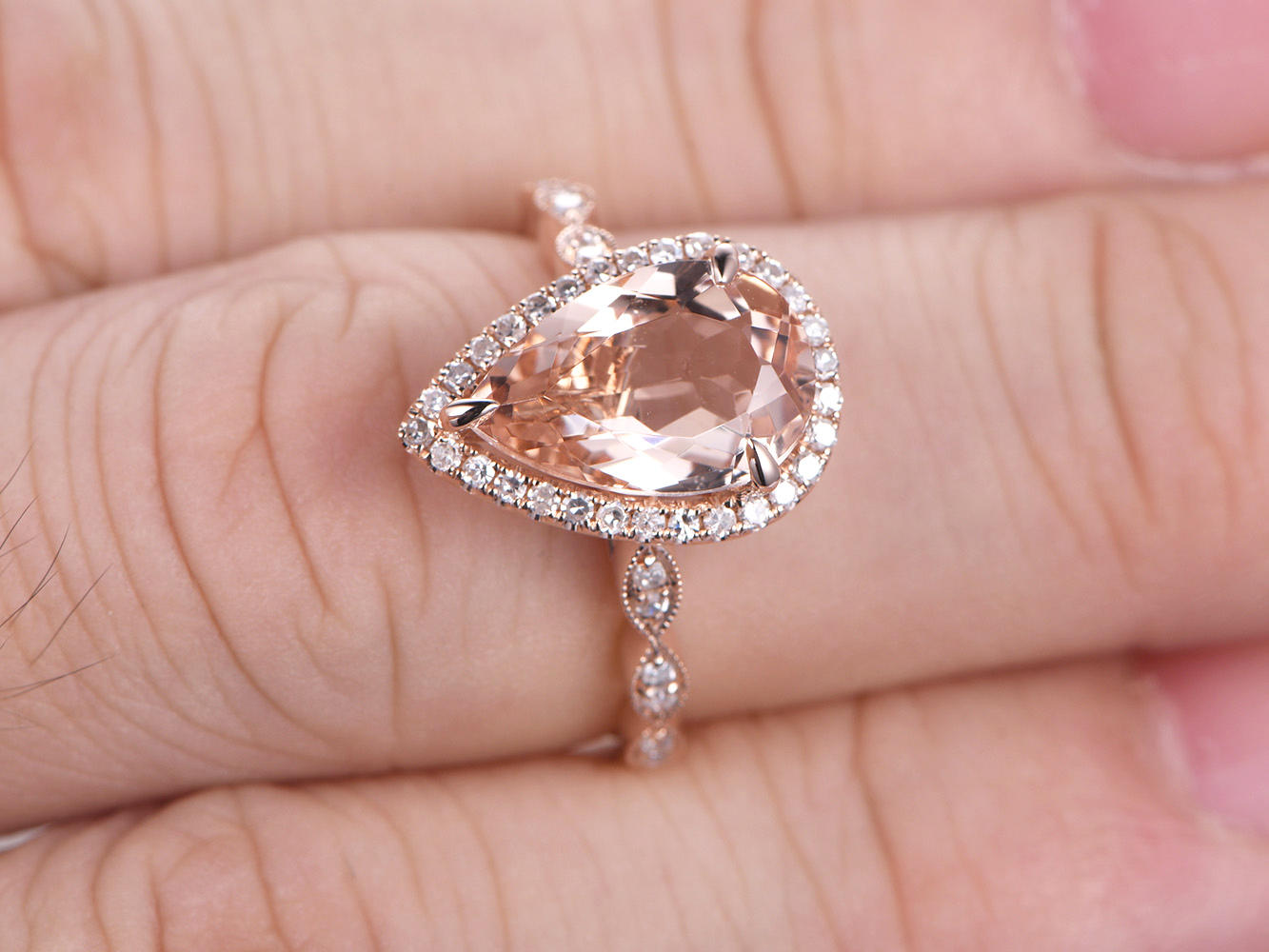Bague de fiançailles en morganite taille poire, alliance style Art déco antique, pierre précieuse 8x12mm, bague de promesse, bague halo diamant, bague de mariée en or rose 14 carats