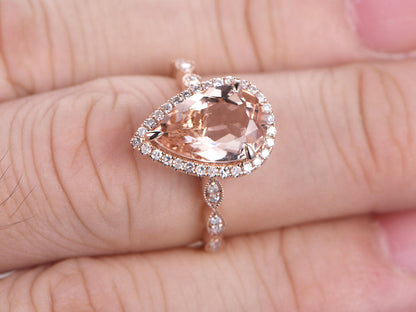 Bague de fiançailles en morganite taille poire, alliance style Art déco antique, pierre précieuse 8x12mm, bague de promesse, bague halo diamant, bague de mariée en or rose 14 carats