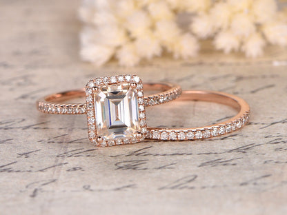 Bague de fiançailles en moissanite taille émeraude 6x8 mm, alliance en diamants, or rose 14 carats, design halo, ensemble de bagues de fiançailles demi-éternité