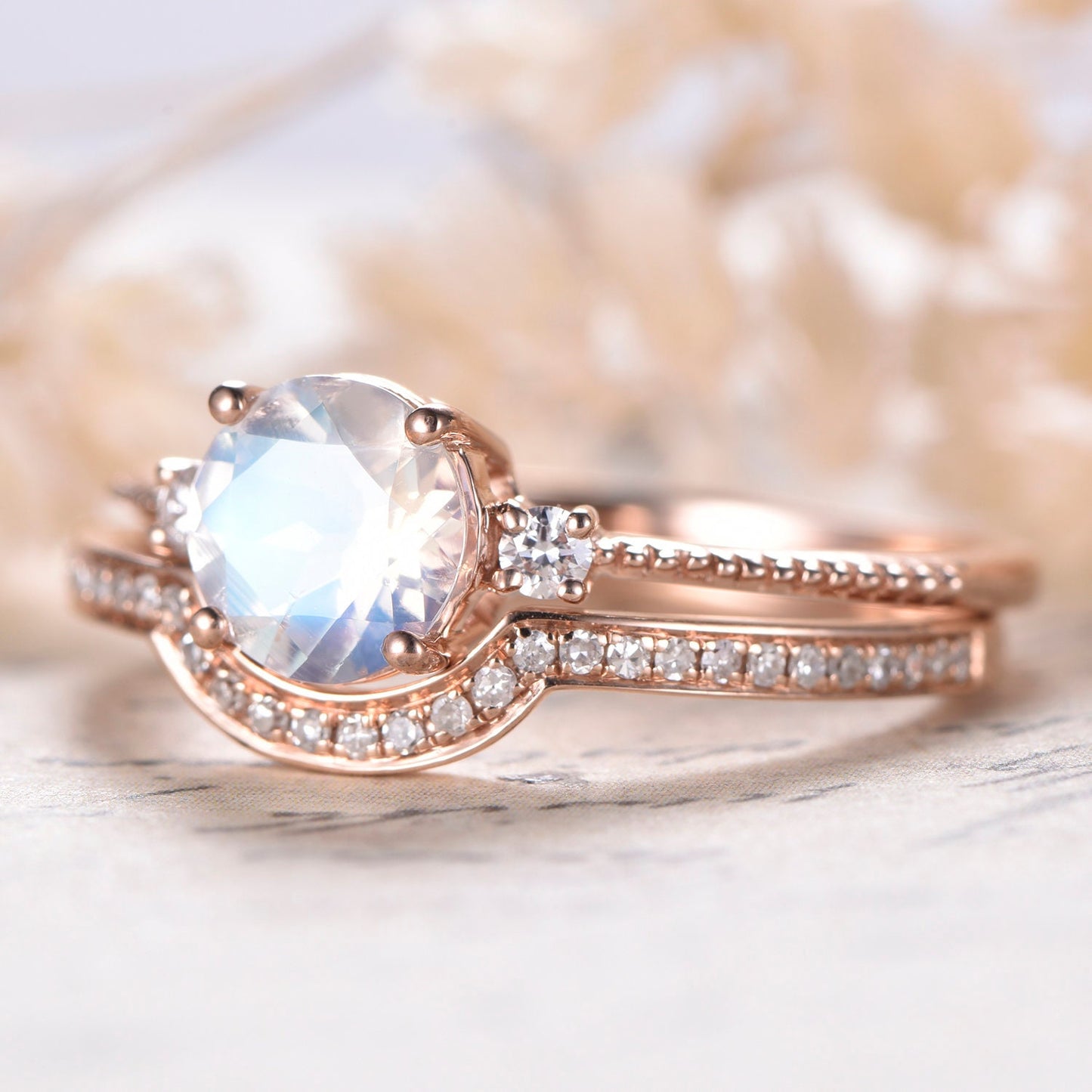 7mm Round Cut Moonstone Engagement Ring Set 2pcs 14K Rose Gold and Diamond Curved Matching Band