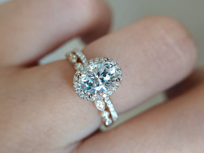 Bague en or blanc avec moissanite VVS 6x8 mm, bague de fiançailles ovale en moissanite 1,5 ct, alliance en or rose 14 carats avec halo de moissanite pour femme