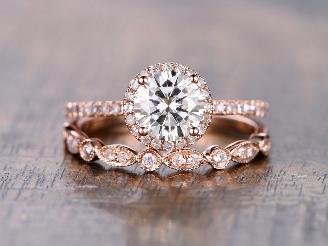 7mm-round-cut-moissanite-engagement-ring-set-2pcs-solid-14k-rose-gold-diamond-halo-half-eternity-art-deco-matching-band