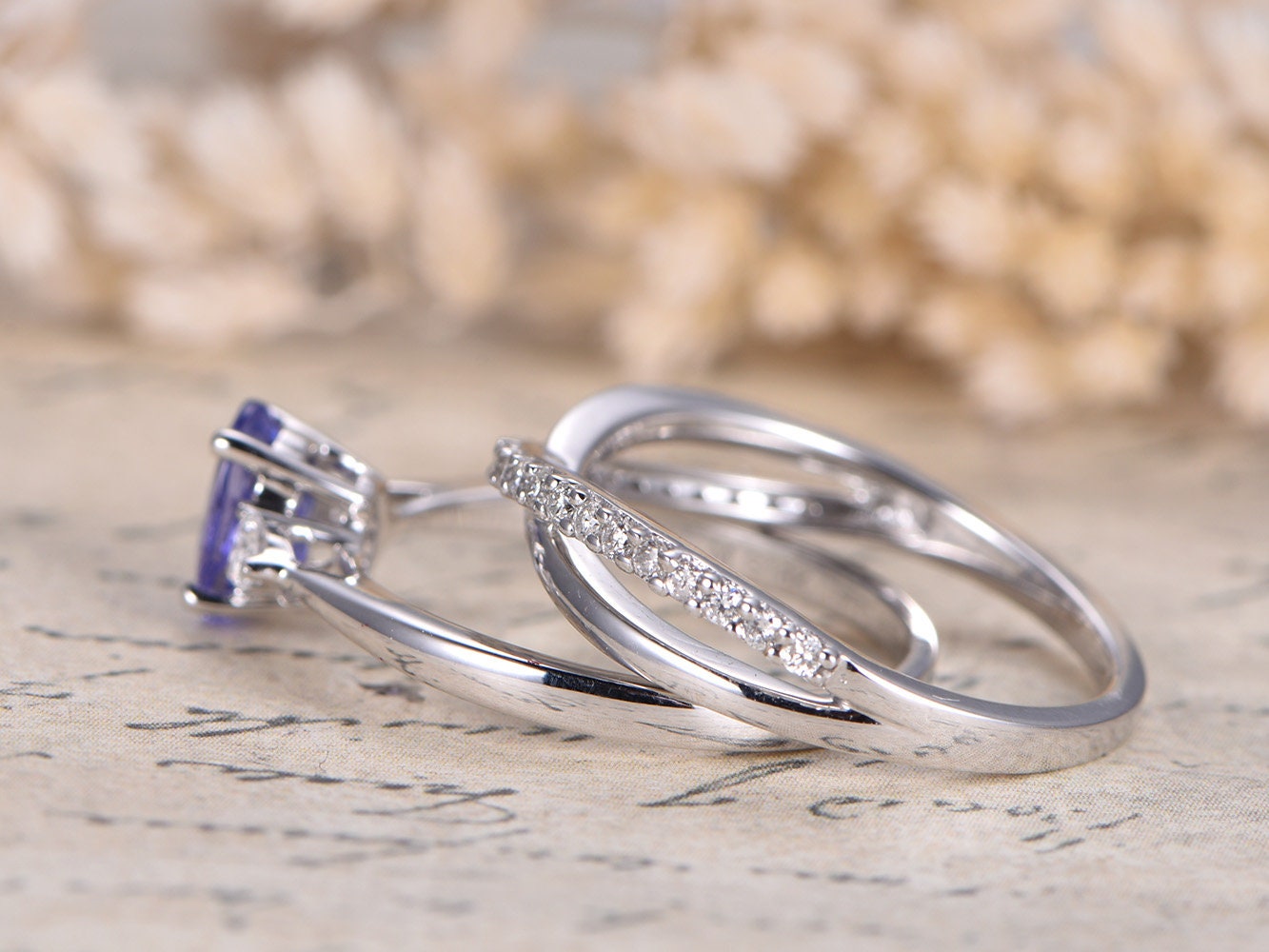 5x7mm Oval Cut Tanzanite Engagement Ring Set 2pcs 14K White Gold | Diamond Twist Matching Band