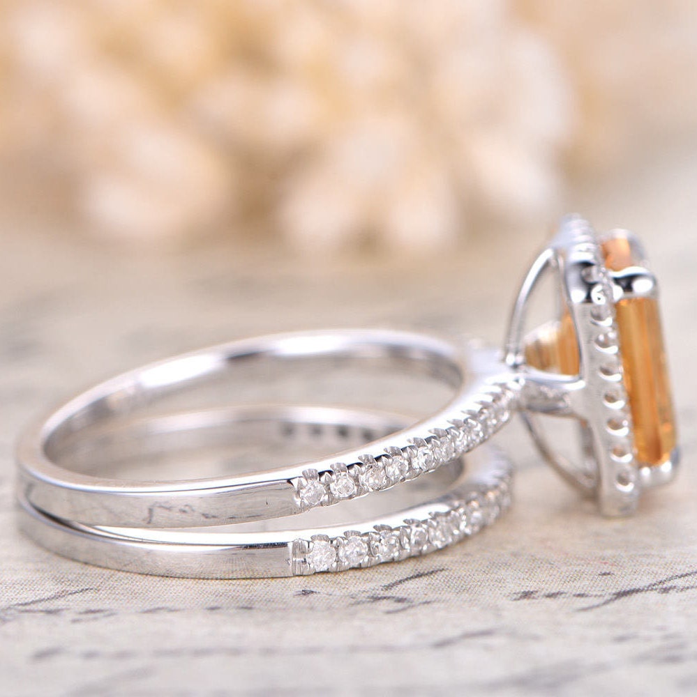 6x8mm Emerald Cut Citrine Engagement Ring Set 2pcs 14K White Gold Diamond Halo Half Eternity