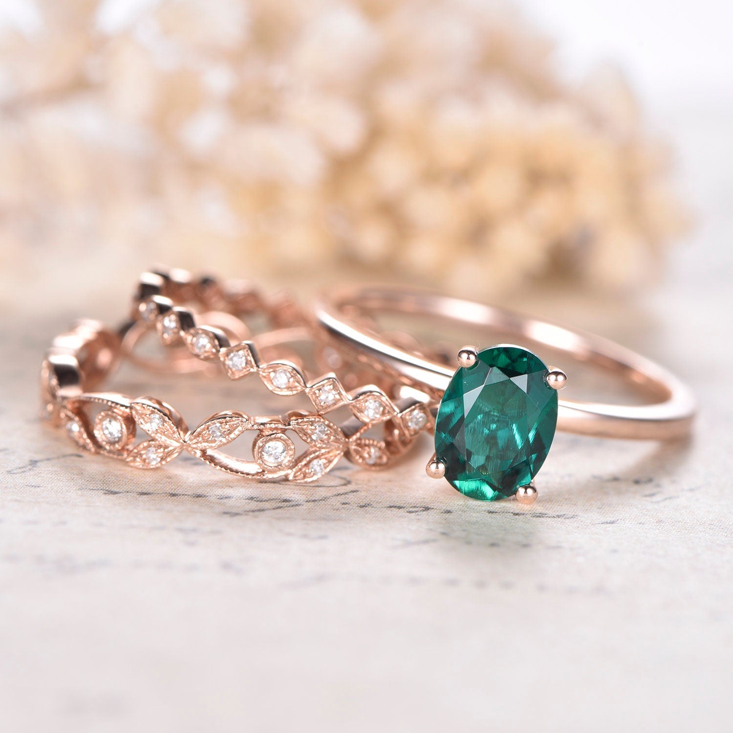 6x8mm-oval-cut-emerald-engagement-ring-set-3pcs-14k-rose-gold-plain-band-solitaire-two-art-deco-band