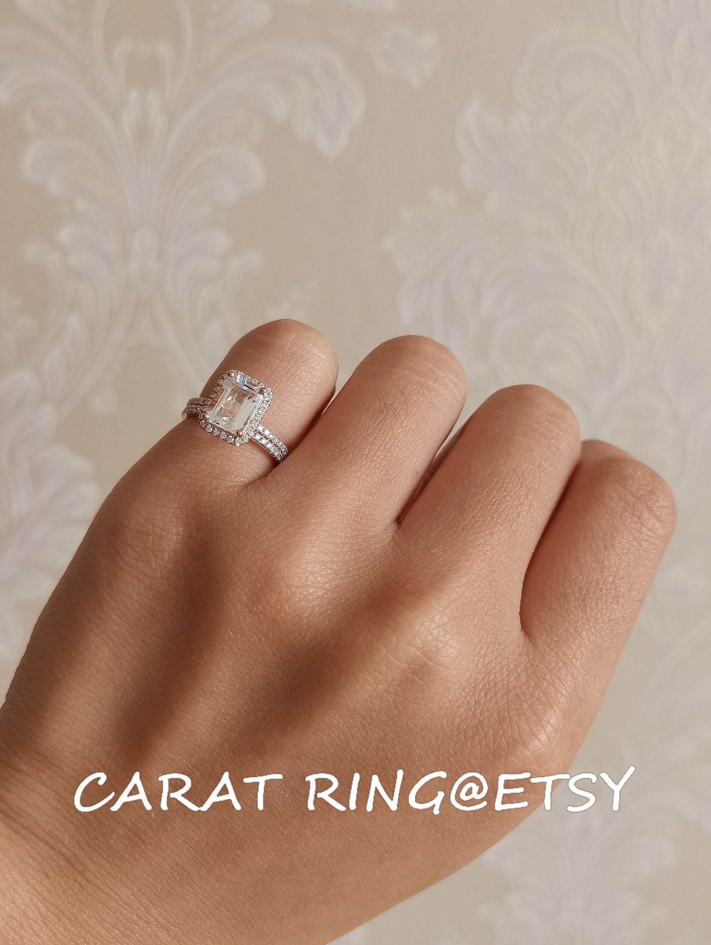 8x10mm Emerald Cut White Topaz Engagement Ring Set 2pcs 14K Rose Gold Diamond Halo | Thin Matching Band