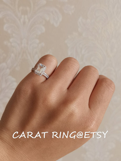 8x10mm Emerald Cut White Topaz Engagement Ring Set 2pcs 14K Rose Gold Diamond Halo | Thin Matching Band