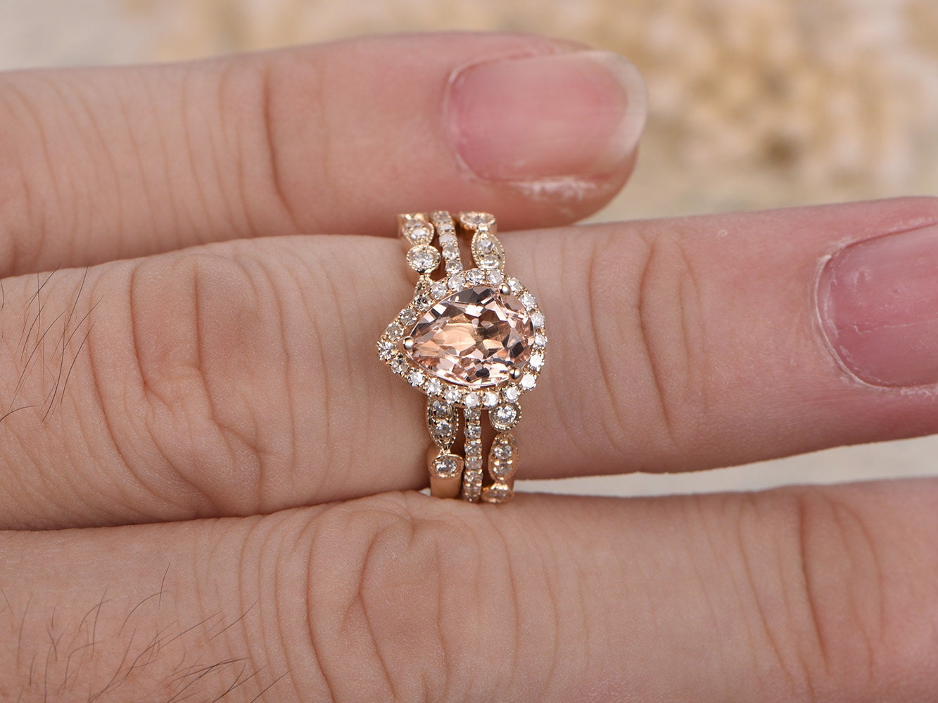 6x8mm Pear Cut Morganite Engagement Ring Set 3pcs 14K Yellow Gold Diamond Halo | Two Art Deco Matching Band