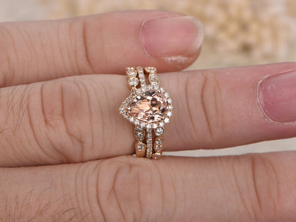 6x8mm Pear Cut Morganite Engagement Ring Set 3pcs 14K Yellow Gold Diamond Halo | Two Art Deco Matching Band