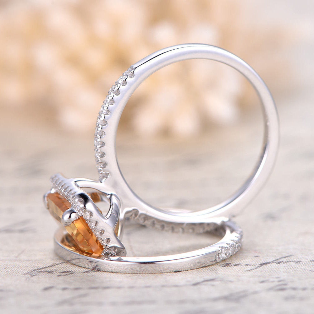 6x8mm Emerald Cut Citrine Engagement Ring Set 2pcs 14K White Gold Diamond Halo Half Eternity