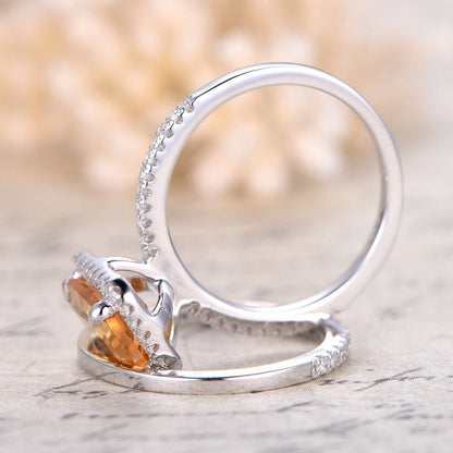 6x8mm Emerald Cut Citrine Engagement Ring Set 2pcs 14K White Gold Diamond Halo Half Eternity
