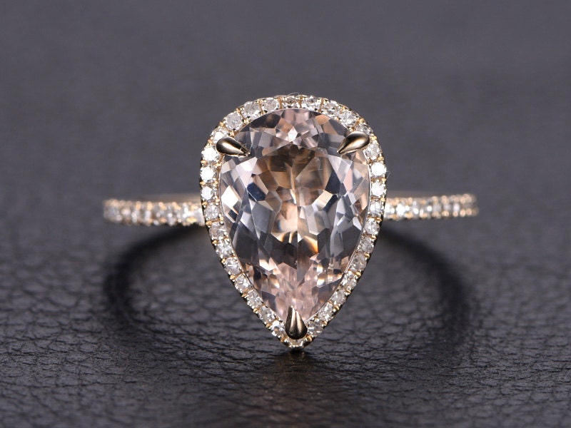 Bague de fiançailles vintage en morganite, or rose, forme poire, alliance ancienne avec halo de diamants, style Art déco, demi-alliance, bague d'anniversaire