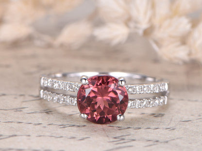 7mm Round Cut Pink Tourmaline Engagement Ring 14K White Gold Diamond Half Eternity