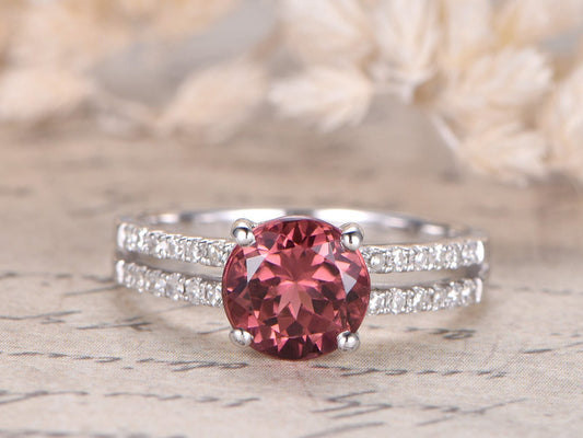 7mm Round Cut Pink Tourmaline Engagement Ring 14K White Gold Diamond Half Eternity