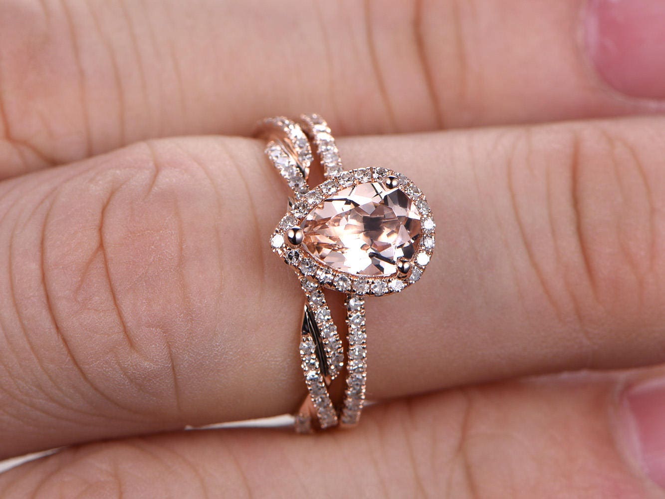 6x8mm-pear-cut-morganite-engagement-ring-set-2pcs-solid-14k-rose-gold-diamond-deco-split-shank-band