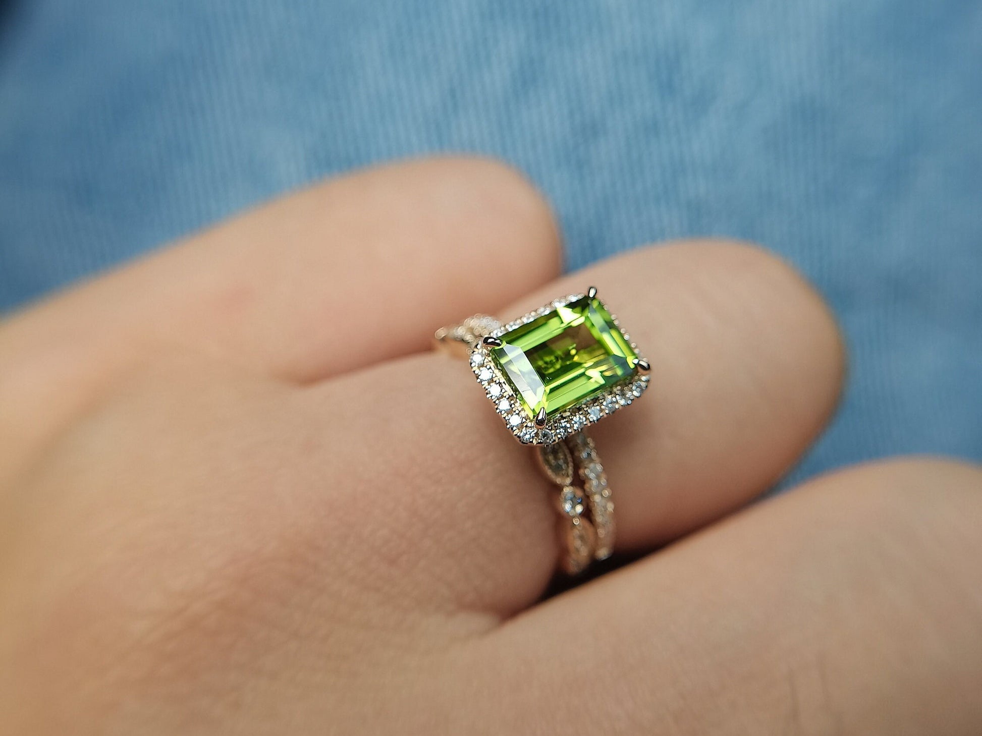 6x8mm-emerald-cut-peridot-engagement-ring-set-14k-rose-gold-art-deco-diamond-ring-august-birthstone