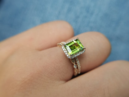 6x8mm-emerald-cut-peridot-engagement-ring-set-14k-rose-gold-art-deco-diamond-ring-august-birthstone