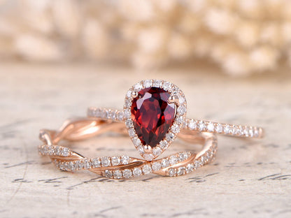 5x7mm Pear Cut Garnet Engagement Ring Set 2pcs 14K Rose Gold Diamond Halo | Full Eternity Twist Matching Band