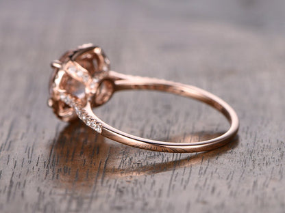 Bague de fiançailles vintage en or jaune avec morganite de 7 mm, bague halo de diamants pour femme, bague art déco, bague d'anniversaire unique, bague de mariée