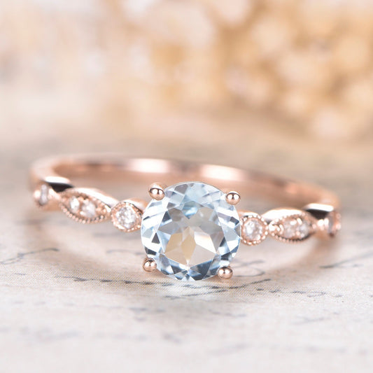 Bague de fiançailles solitaire unique en aigue-marine, alliance Art déco, pierre précieuse bleue de 6,5 mm, diamant, or rose 14 carats