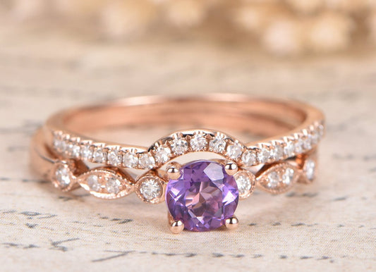 5mm Round Cut Amethyst Engagement Ring Set 2pcs 14K Rose Gold Half Eternity Design