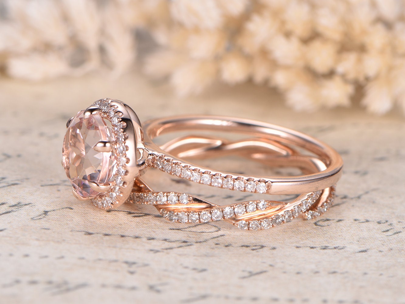 8mm-round-cut-morganite-engagement-ring-set-2pcs-14k-rose-gold-diamond-halo-design-full-eternity-infinity-matching-band