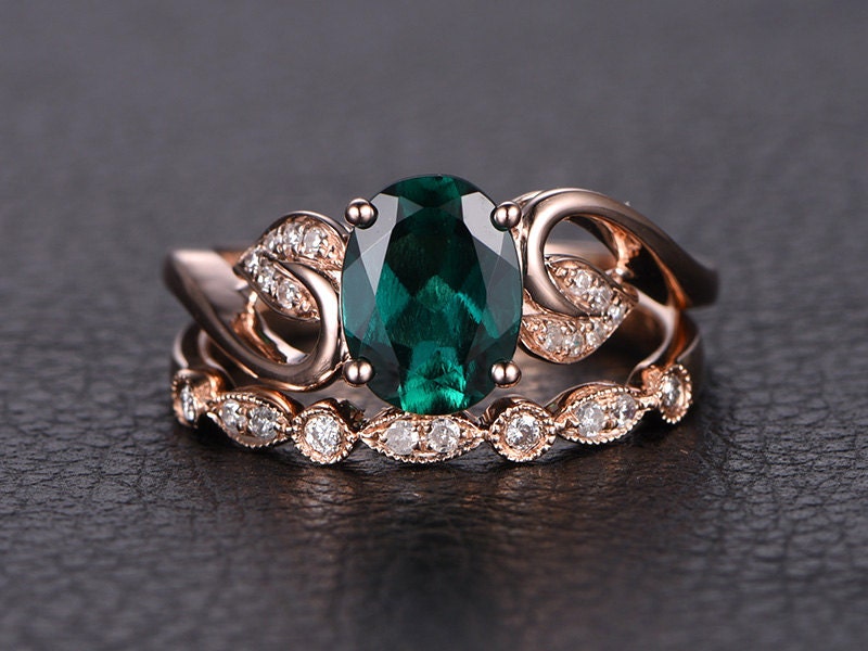 6x8mm-oval-cut-emerald-engagement-ring-set-2pcs-milgrain-14k-rose-gold-diamond-floral-design-art-deco-matching-band