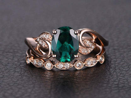 6x8mm-oval-cut-emerald-engagement-ring-set-2pcs-milgrain-14k-rose-gold-diamond-floral-design-art-deco-matching-band